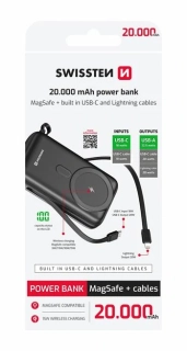 Swissten POWER BANK 20000 MAH PD 22,5W S INTEGROVANÝMI KABELY USB-C A LIGHTNING (KOMPATIBILNÍ S MAGSAFE)